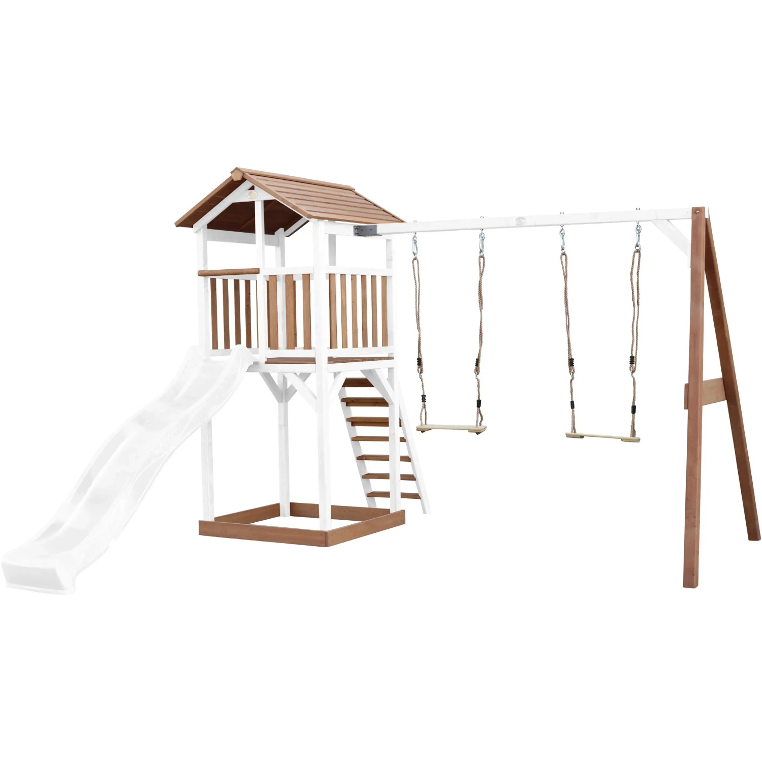 Axi Beach Tower Spielturm mit Doppelschaukel, Rutsche, Holz, braun-weiß.