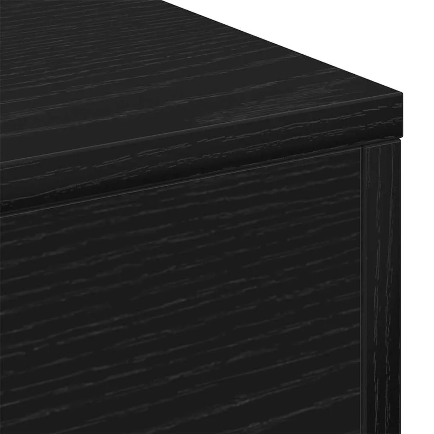 Detailansicht des vidaXL Couchtisches in schwarzer Eiche. Die Holzwerkstoff-Oberfläche zeigt eine feine Maserung.