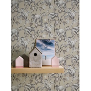 Michalsky Living Vliestapete mit Dschungel-Affen Motiv in Beige, Grau und Weiß.