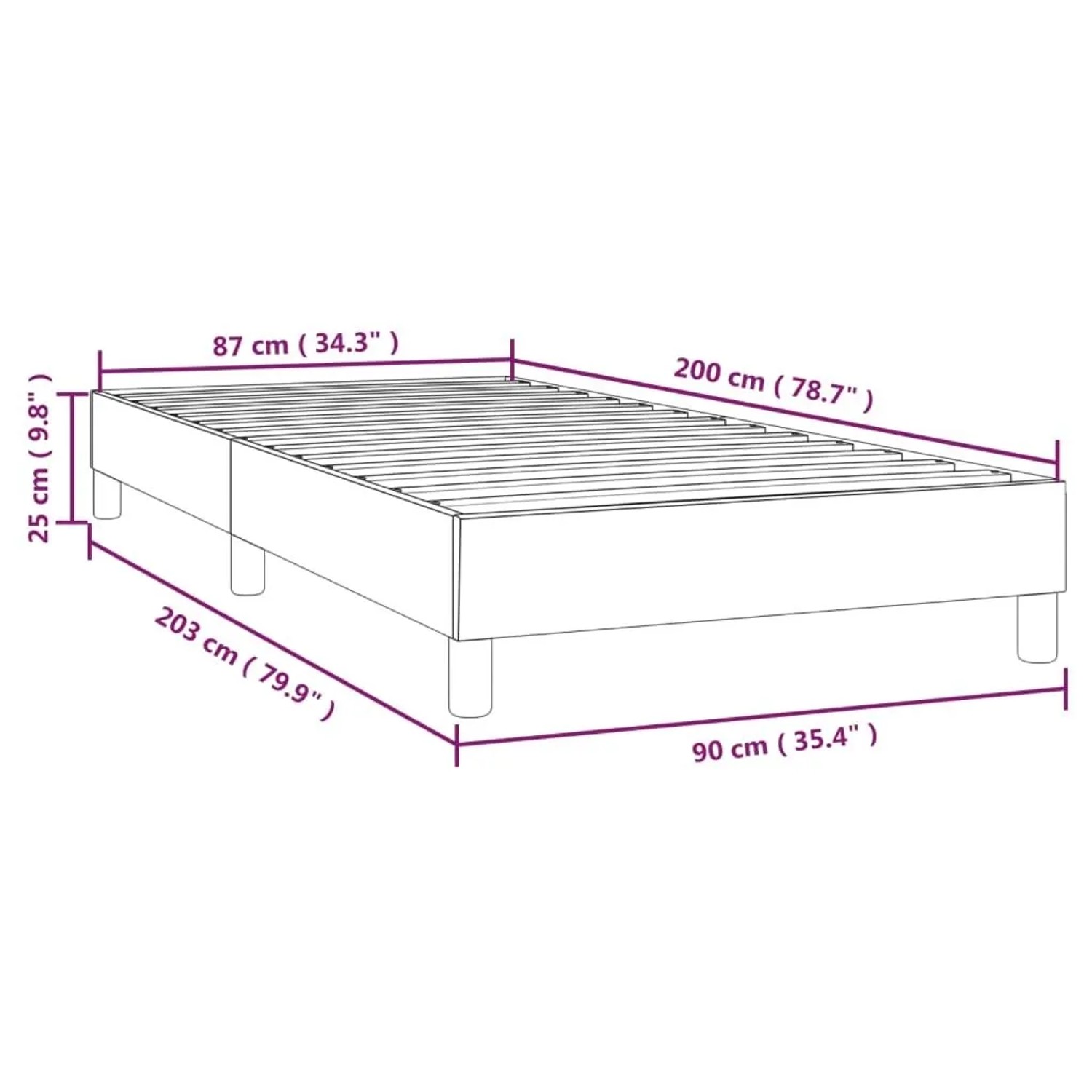 Weißes Boxspringbettgestell 90x200 cm aus Kunstleder, mit detaillierten Maßen. Stabiler Bettrahmen für Schlafzimmer.