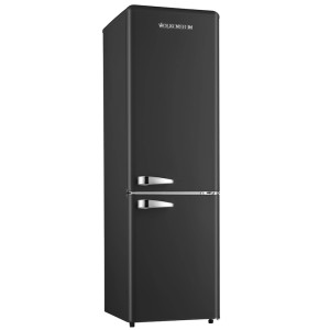 Schwarze Wolkenstein Kühl-Gefrierkombination KG250.4RT B im Retro-Design mit Chromgriffen.