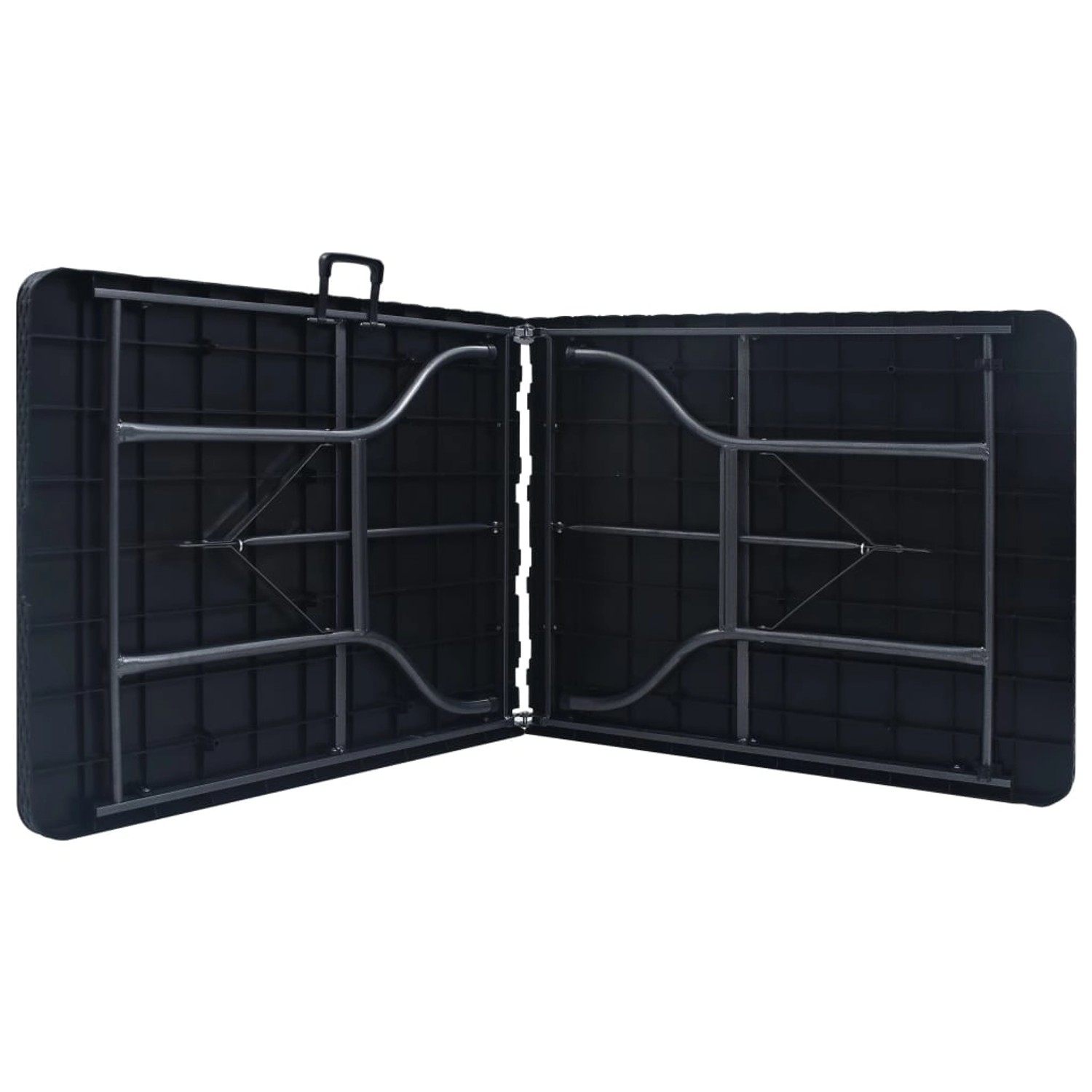 Zusammengeklappter, schwarzer vidaXL Gartentisch (180x75x72 cm) in Rattan-Optik mit Tragegriff.