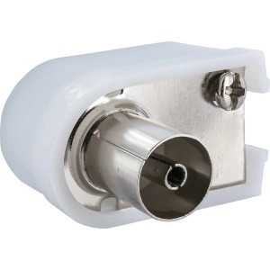 Weiße Schwaiger IEC Winkelbuchse für Antennenanschluss, 90° Winkel.