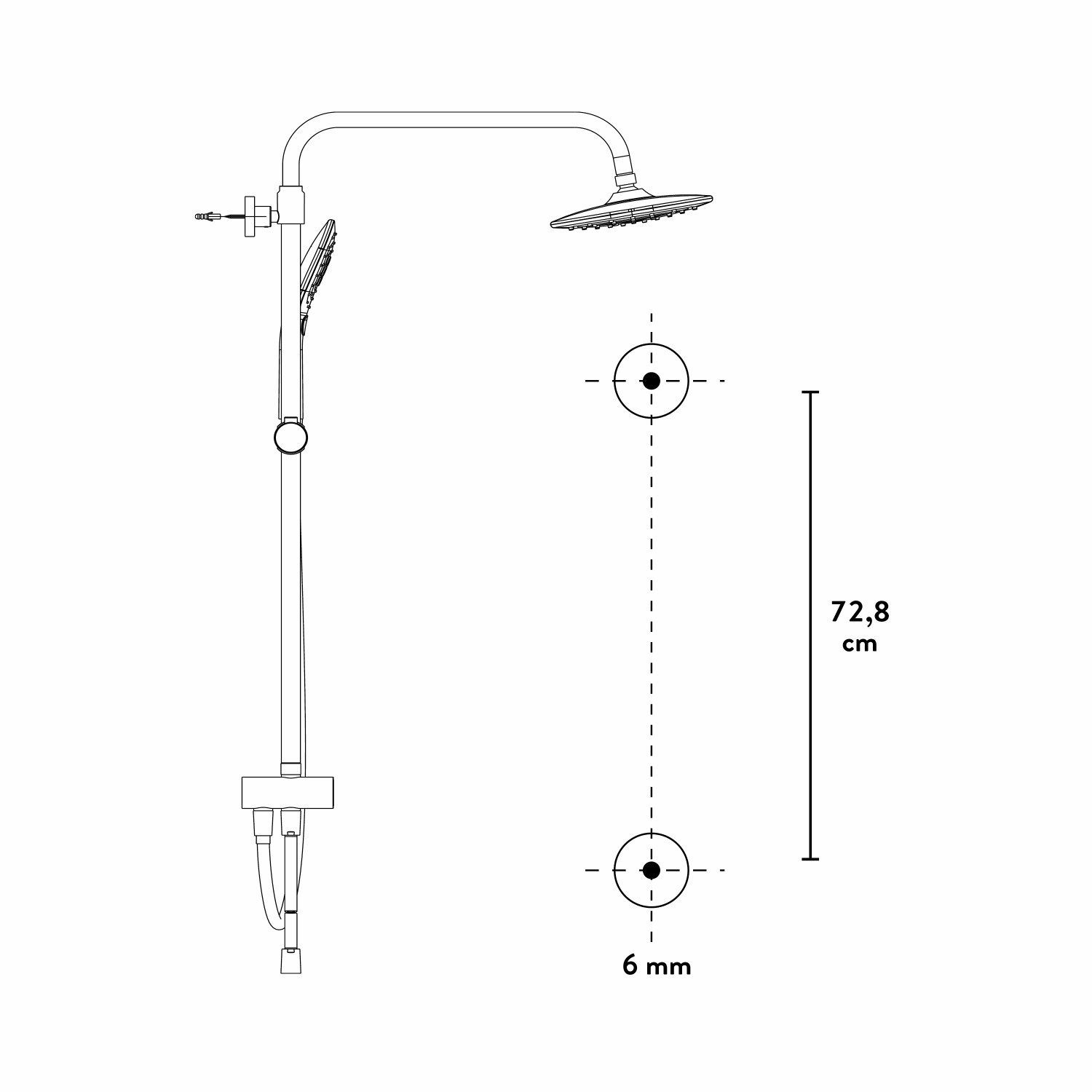 Technische Zeichnung des verchromten baliv Überkopfbrause-Sets KBS-14.120 mit Maßangaben.