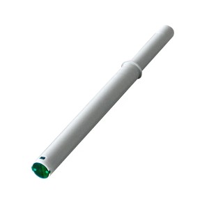 Kesseböhmer Push to Open Türdrucköffner Typ I, silbergrau, für grifflose Fronten. Zylindrischer Auswerfer mit grüner Spitze.