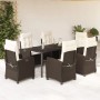 7-tlg. Garten-Essgruppe aus braunem Rattan mit Kissen. Gartenmöbel-Set mit Tisch und verstellbaren Stühlen.