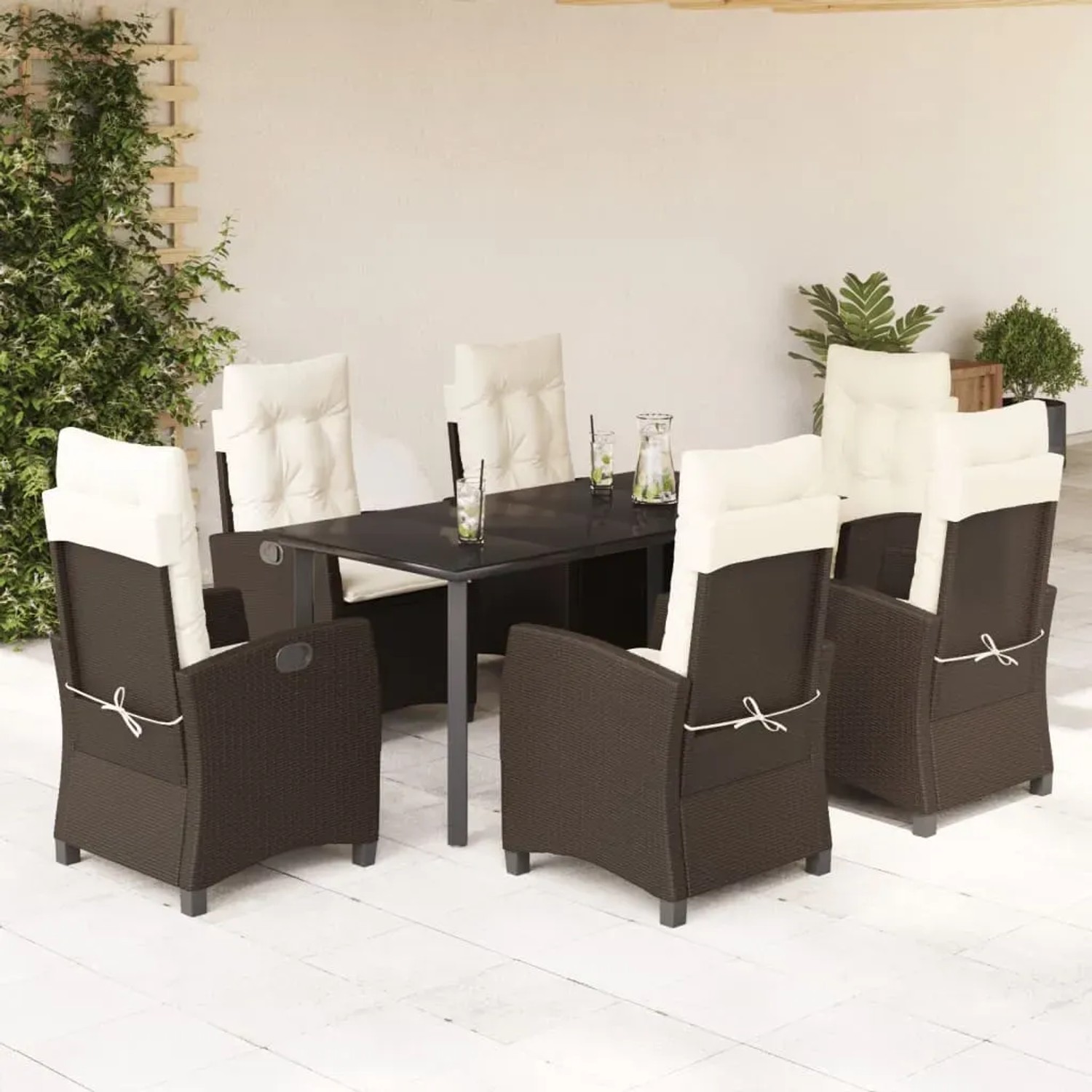 7-tlg. Garten-Essgruppe aus braunem Rattan mit Kissen. Gartenmöbel-Set mit Tisch und verstellbaren Stühlen.