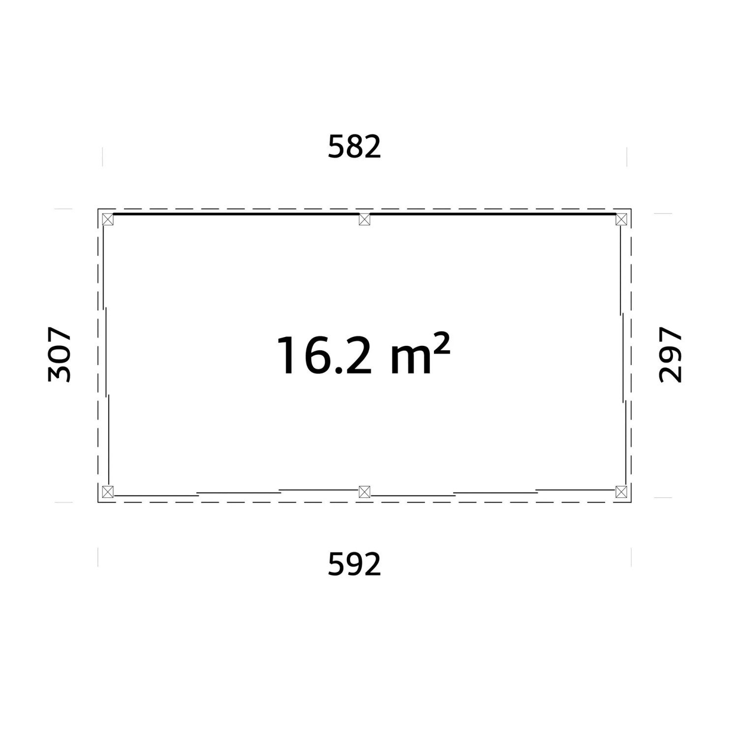 Grundriss Palmako Holz-Gartenhaus Pultdach, 582x297 cm, 16,2 m² Fläche.