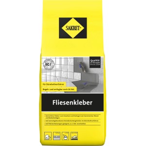 Sakret Fliesenkleber Grau 5 kg im gelben Sack, geeignet für Wand und Boden.