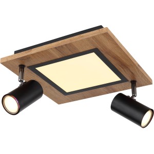 Globo LED-Deckenleuchte Ulla, 3-flammig, schwarz matt, mit Holzoptik und zwei Strahlern.