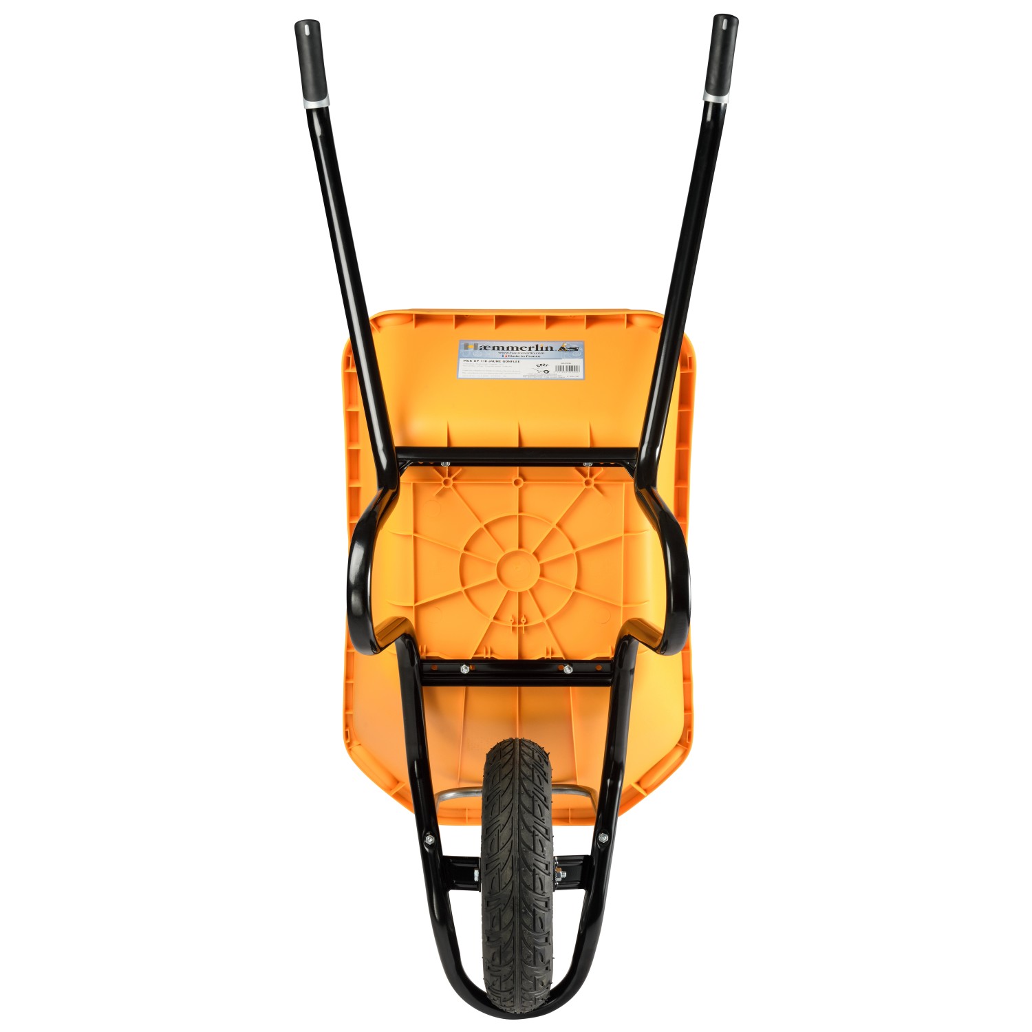 Haemmerlin Schubkarre Pick Up, gelbe Kunststoffmulde, Luftrad, Unteransicht.