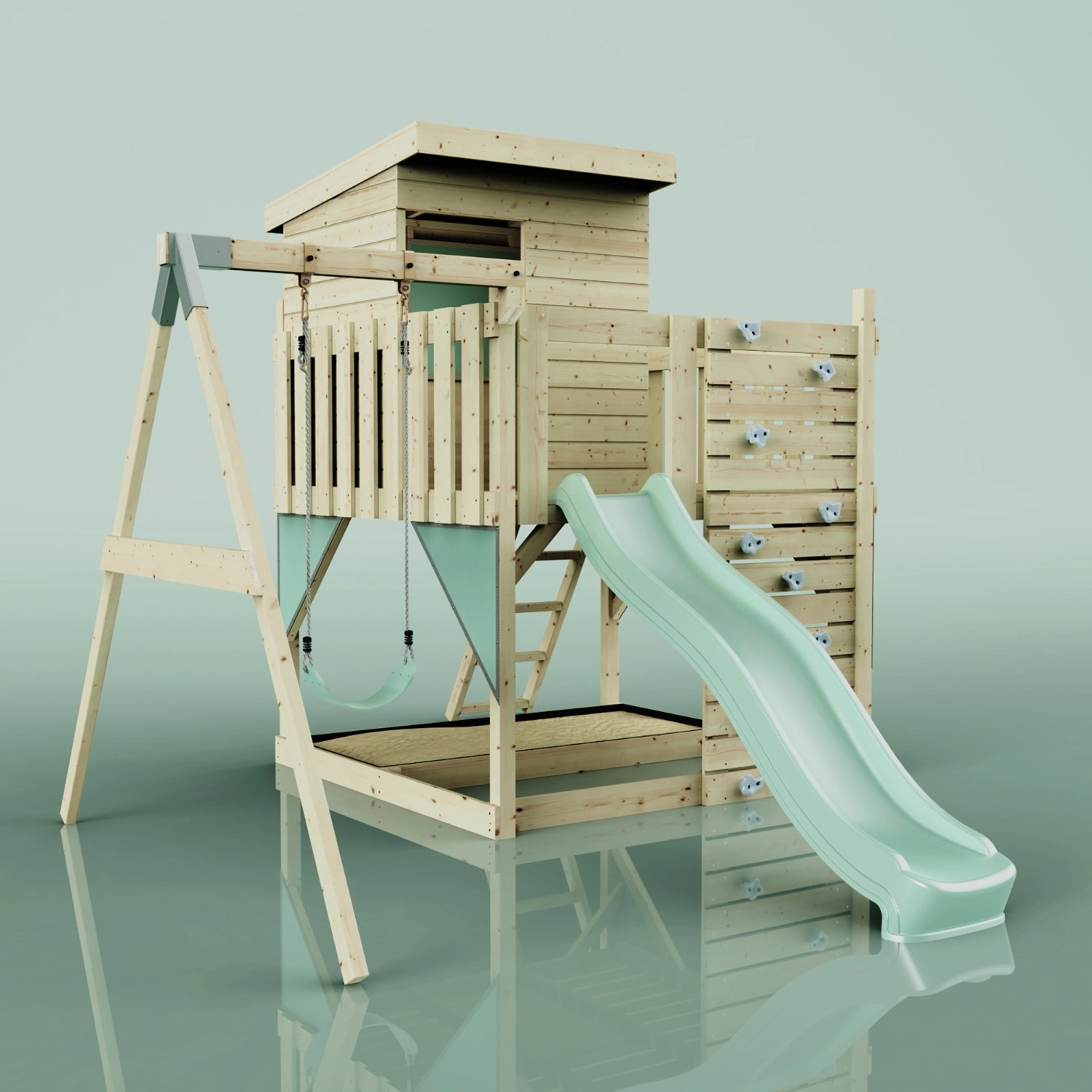 PolarPlay Spielturm Alma mit Schaukel und Rutsche, aus Holz.