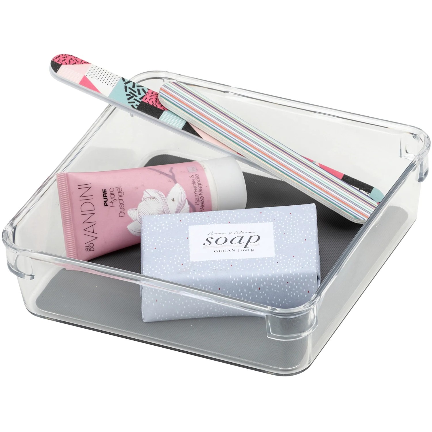 Wenko Schubladeneinsatz Cube M, 16x16cm, transparent, mit Kosmetikartikeln. Küchenhelfer für mehr Ordnung.