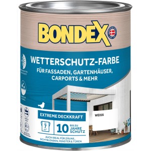 Dose Bondex Wetterschutz-Farbe Weiß, geeignet für Fassaden, Gartenhäuser und Carports.