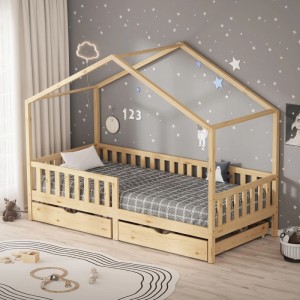 ML-Design Hausbett 90x200 cm aus Kiefernholz mit 2 Schubladen in Natur. Kinderbett im skandinavischen Stil.