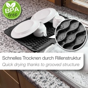 Schwarze SOTECH Abtropfmatte aus Silikon mit Geschirr, hitzebeständig und flexibel.