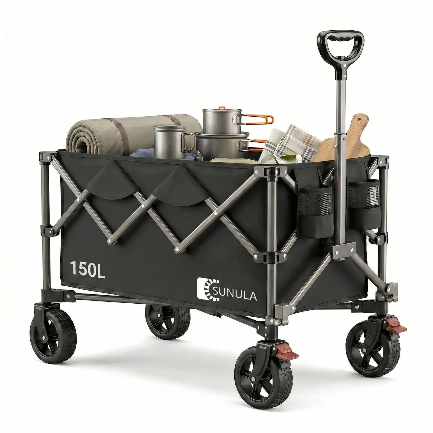 Sekey Bollerwagen, faltbar, schwarz, mit Campingausrüstung beladen. Ideal für Camping & Freizeit.