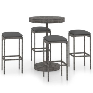Graues 5-tlg. vidaXL Gartenbar-Set aus Polyrattan mit Tisch, 4 Hockern und Kissen.