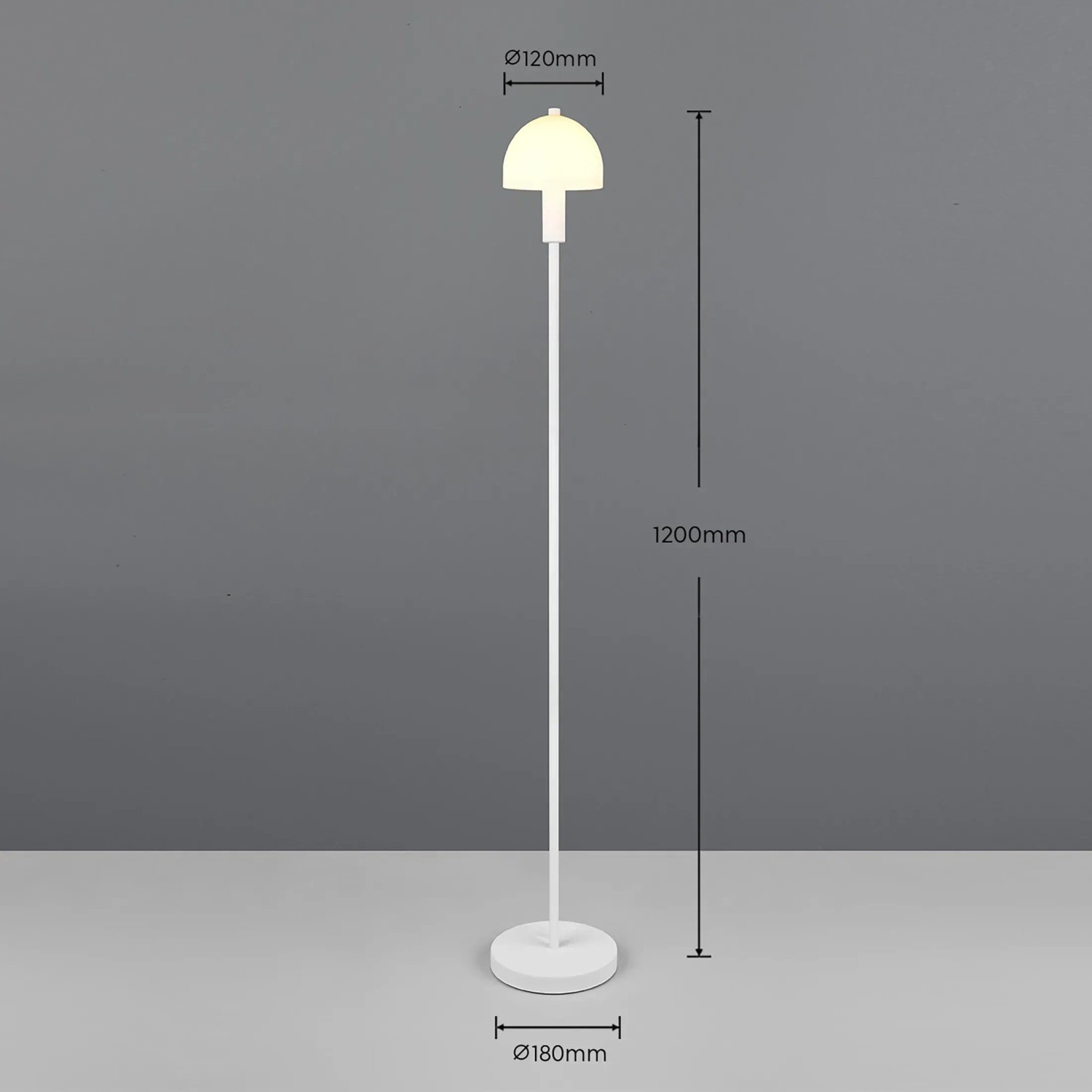 Weiße Reality Stehleuchte Glenn, 120 cm hoch, für Wohn- und Schlafbereich.