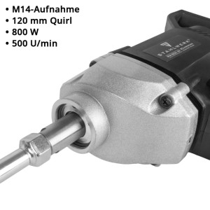 Detailaufnahme: STAHLWERK Rührwerk 800W, Mörtelrührer mit M14 Aufnahme und 120mm Quirl.