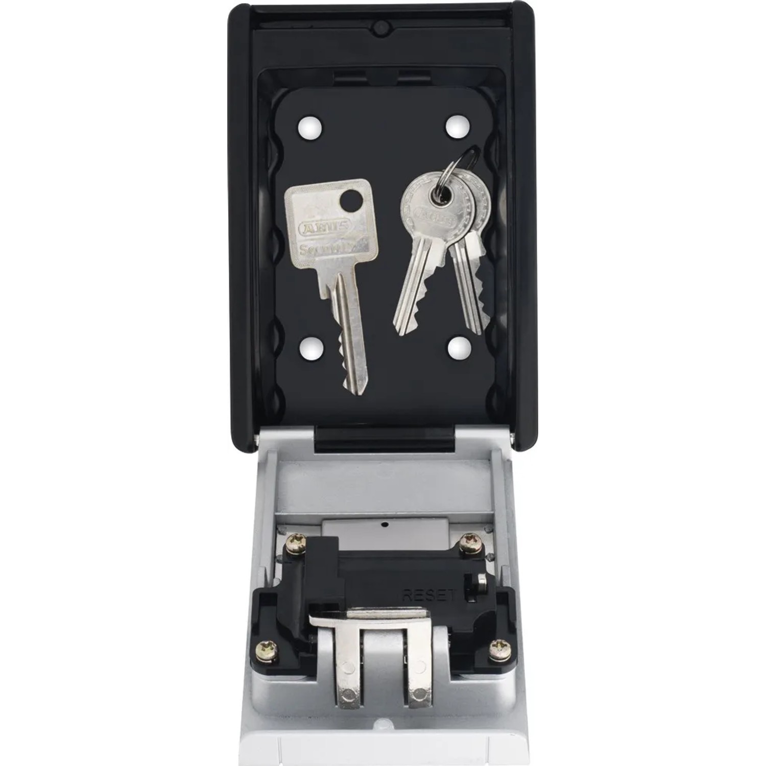 Offener Abus Schlüsseltresor KeyGarage 787 B/SB mit Schlüsseln im Inneren.