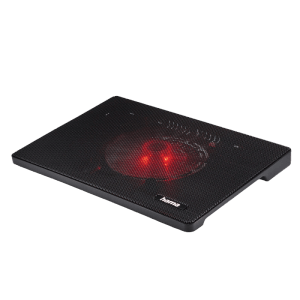 Schwarzer, ultraflacher Hama Laptop-Kühler mit roter LED-Beleuchtung für Laptops bis 15,6 Zoll.