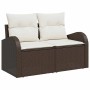 Braunes 10-tlg. vidaXL Garten-Sofa-Set aus Poly Rattan mit weißen Kissen.