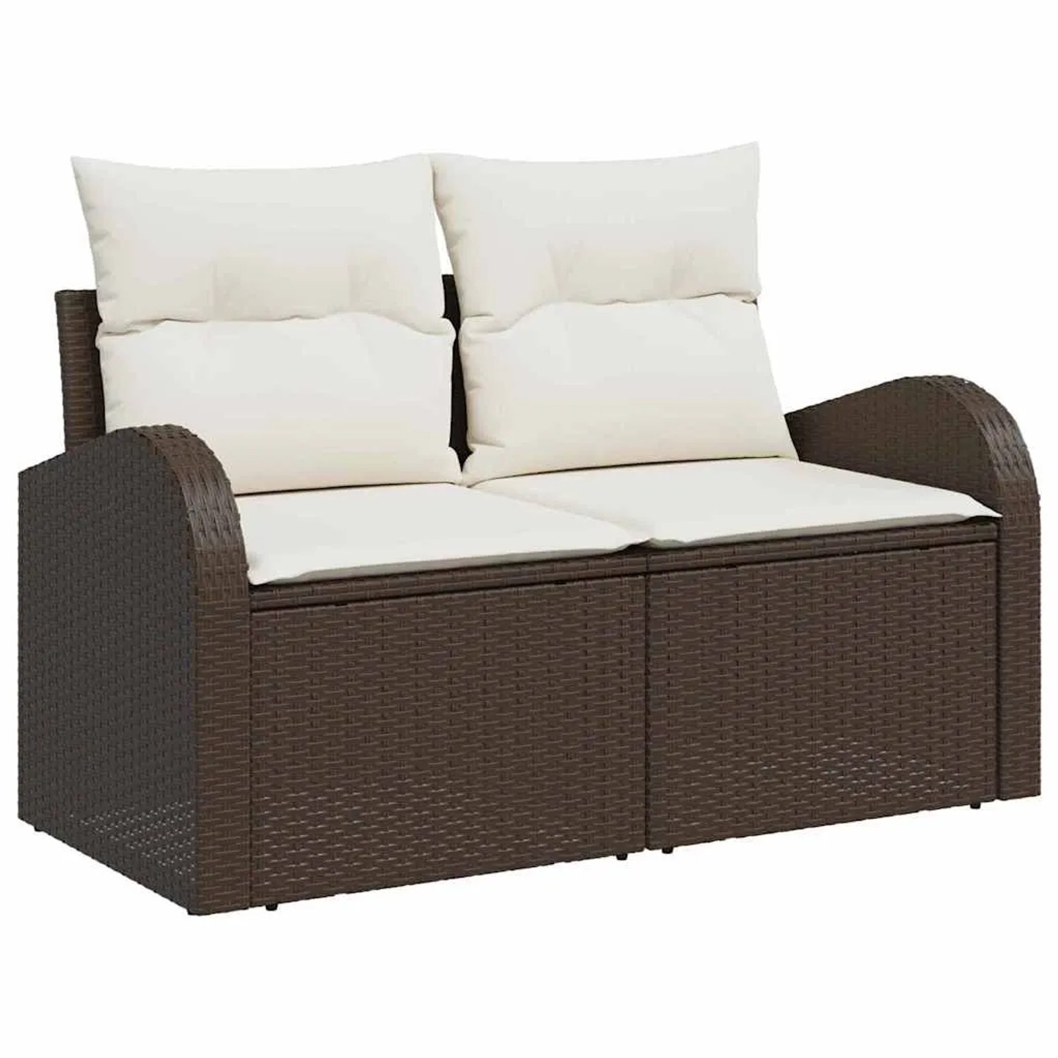 Braunes 10-tlg. vidaXL Garten-Sofa-Set aus Poly Rattan mit weißen Kissen.