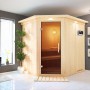 Karibu Sauna Swenna mit Bio-Ofen, externer Steuerung und Graphit-Tür in Badezimmer-Umgebung.