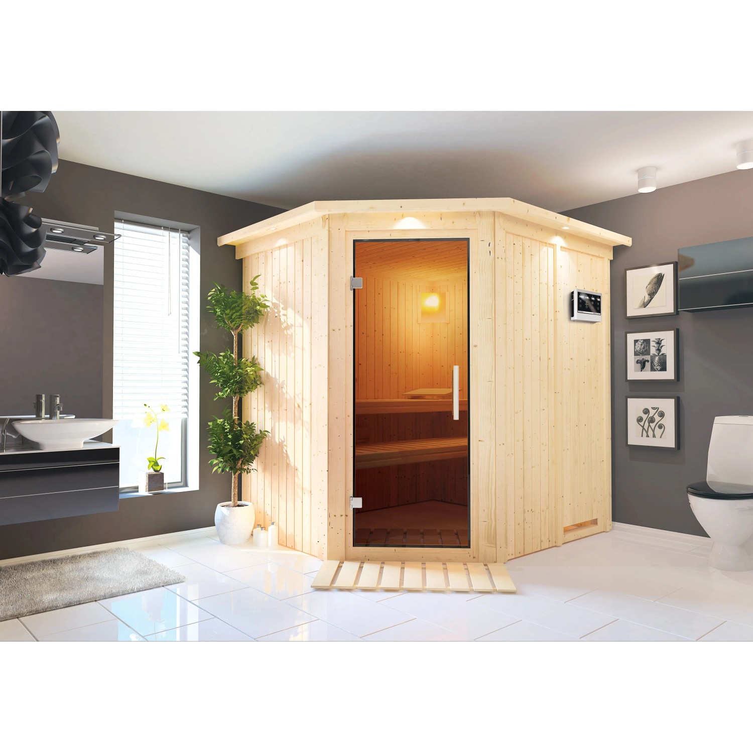 Karibu Sauna Swenna mit Bio-Ofen, externer Steuerung und Graphit-Tür in Badezimmer-Umgebung.