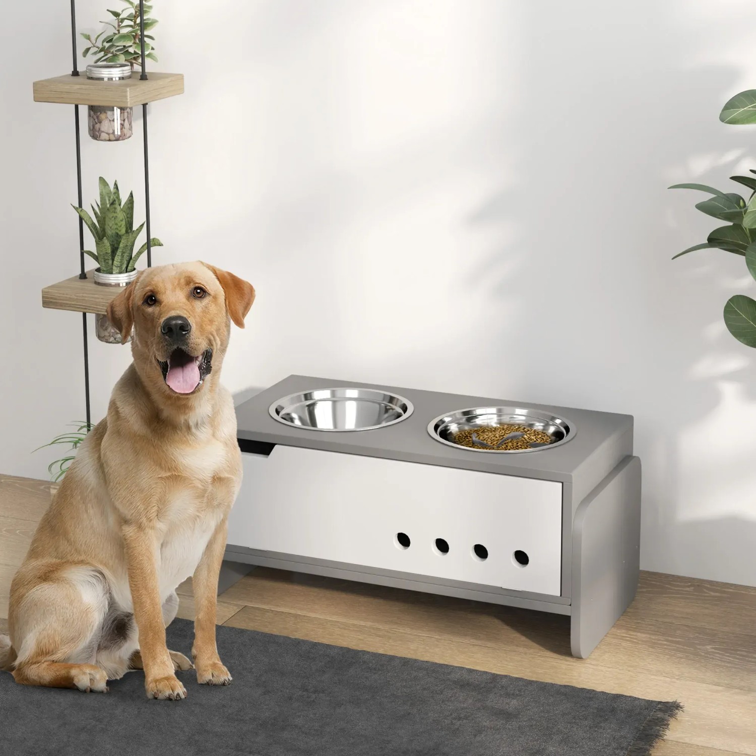 PawHut Hundenapf, höhenverstellbar, grau, mit Hund. Futterstation mit zwei Näpfen.