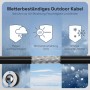 Wetterbeständiges schwarzes CAT 7 Outdoor LAN Kabel, S/FTP geschirmt, schützt vor Regen, UV-Strahlung und Schnee.