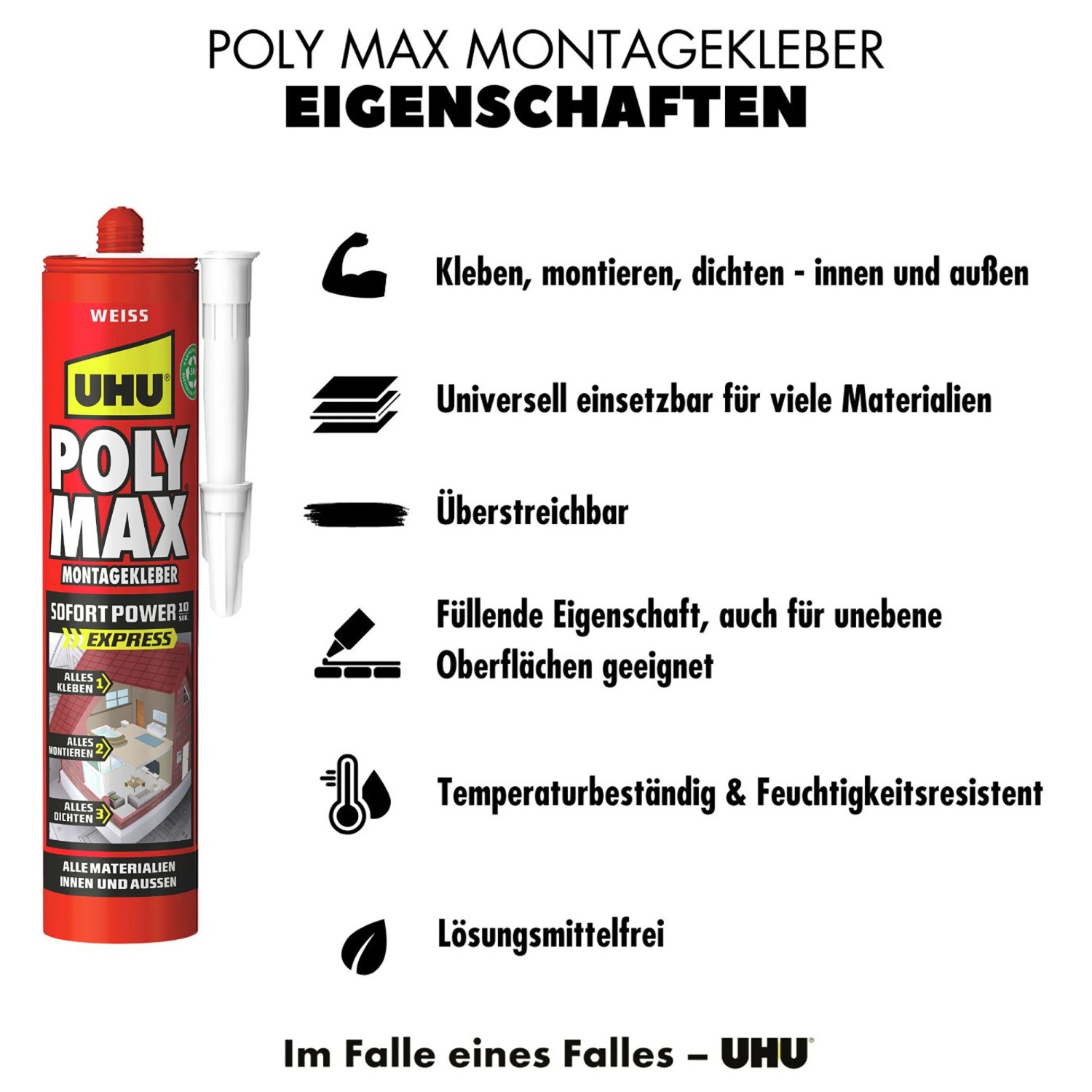 UHU Poly Max Montagekleber Sofort Power, weiße Kartusche mit Eigenschaften.