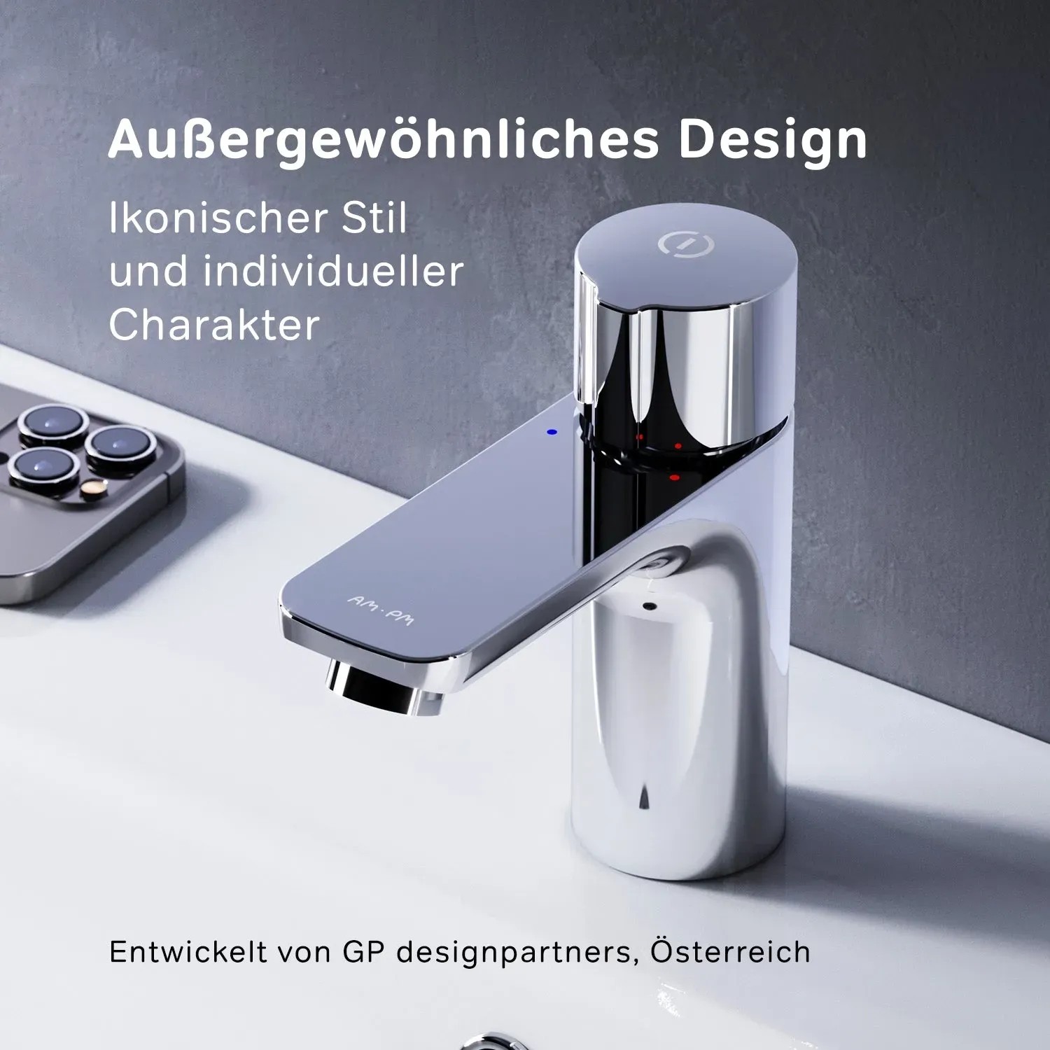 Moderne AM.PM Waschtischarmatur in Chrom mit Klick-Ablaufgarnitur für Waschbecken.