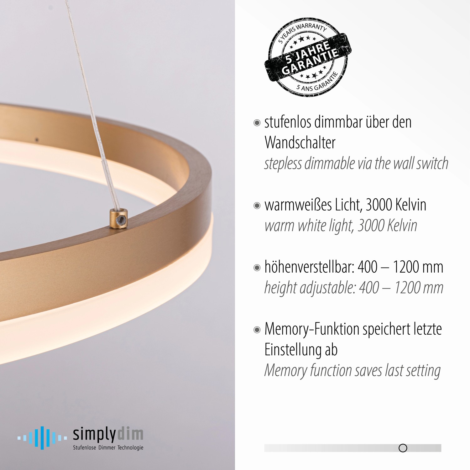 Moderne LED-Pendelleuchte Titus, 40 cm Durchmesser, Messing matt, dimmbar.