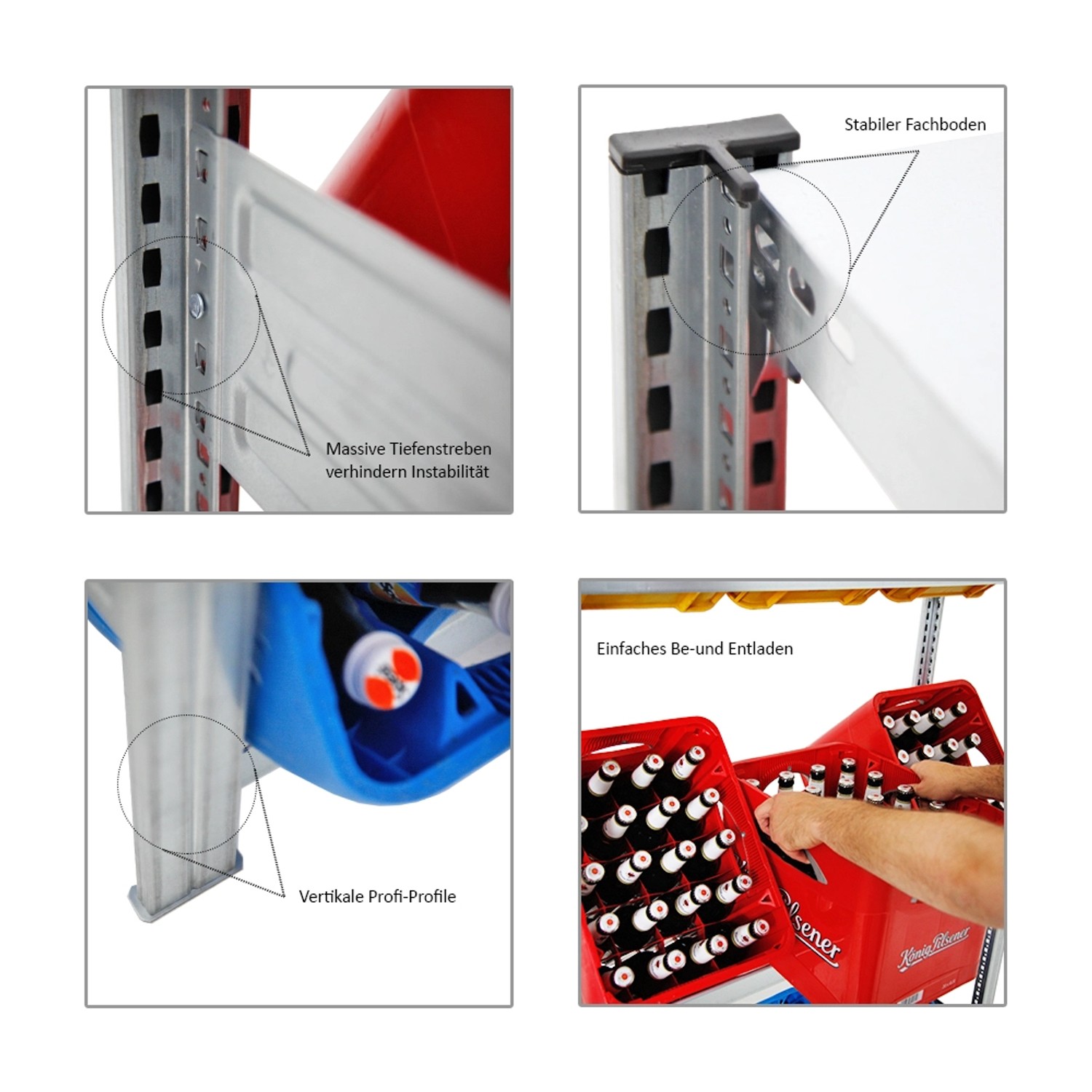 Detailansichten des PROREGAL Getränkekistenregals Chiemsee: Stabile Fachböden, Profile und einfache Beladung.