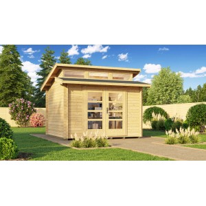 Unbehandeltes Weka Holz-Gartenhaus mit Pultdach und Glastüren im Garten.