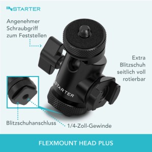 Instarter Flexmount Head Plus Kugelkopf 3-In-1 2X Blitzschuh Stativkopf Kamera