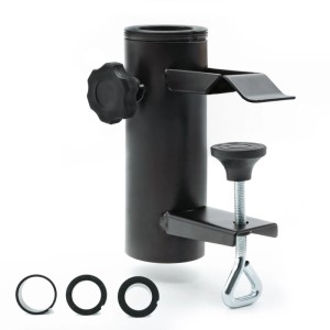 Schwarzer osoltus Sonnenschirmhalter aus Metall mit Klemmsystem für Balkongeländer, inkl. Schraube und Reduzierringen.