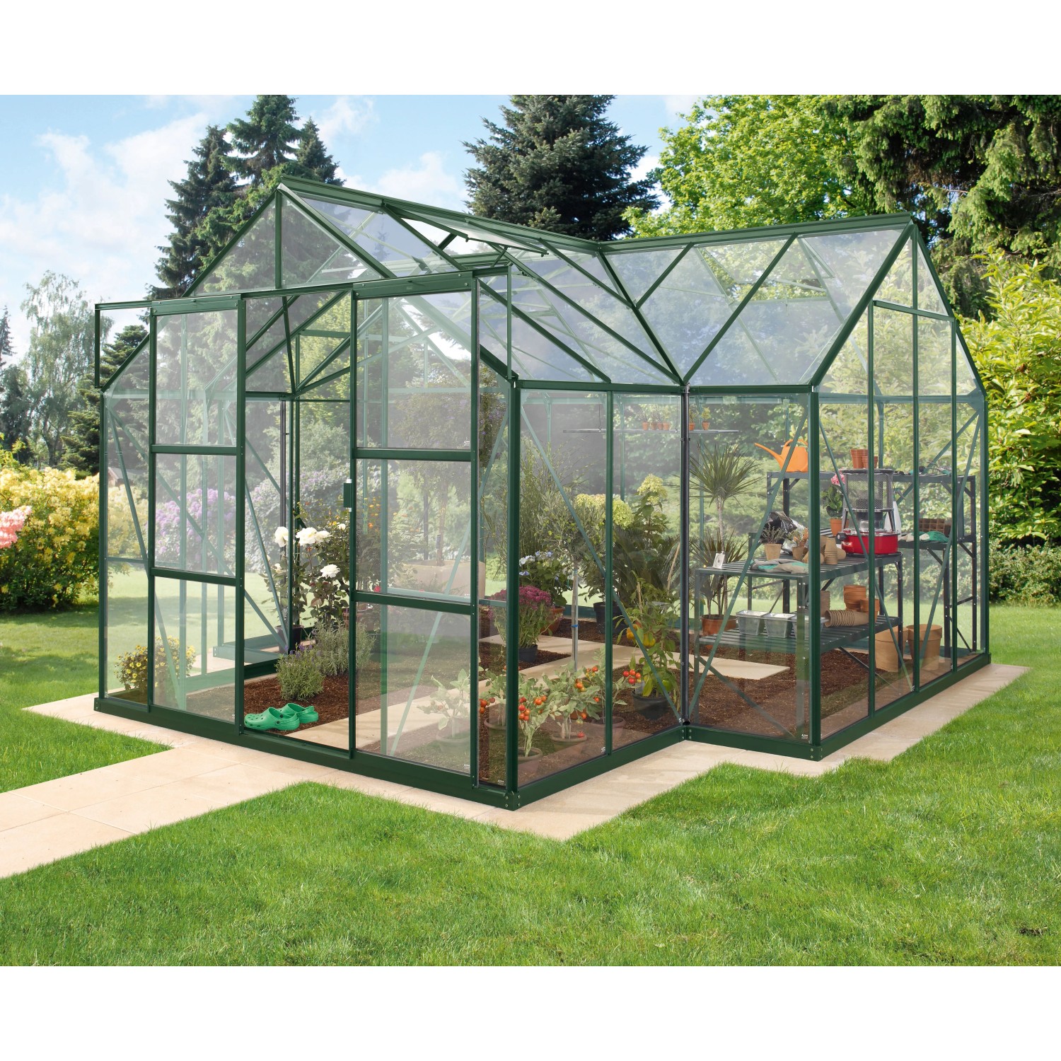 Vitavia Gewächshaus Sirius Smaragd mit Fundament, 13 m², im Garten.