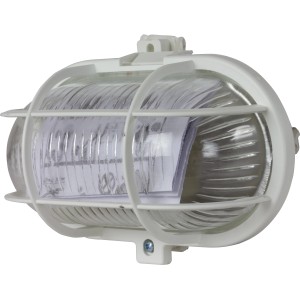 Weiße REV Ritter Kellerlampe aus Kunststoff, 60 W, mit Schutzkorb und Strukturglas.