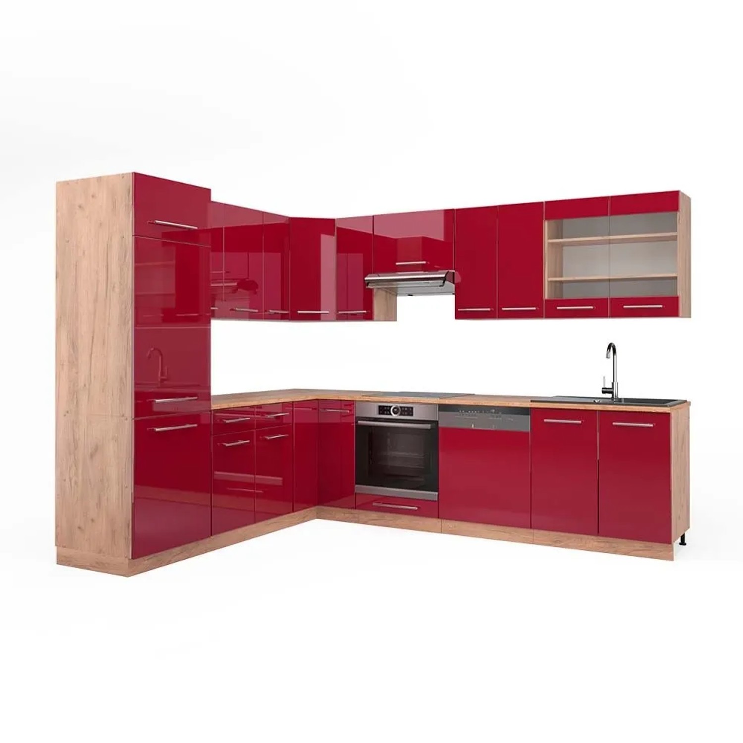 Vicco Eckküche Fame-Line Bordeaux Hochglanz/Goldkraft Eiche 287 x 82, AP Eiche