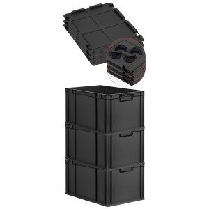 PROREGAL SuperSparSet: 3 schwarze Euroboxen mit Deckel, 65 Liter, stapelbar.