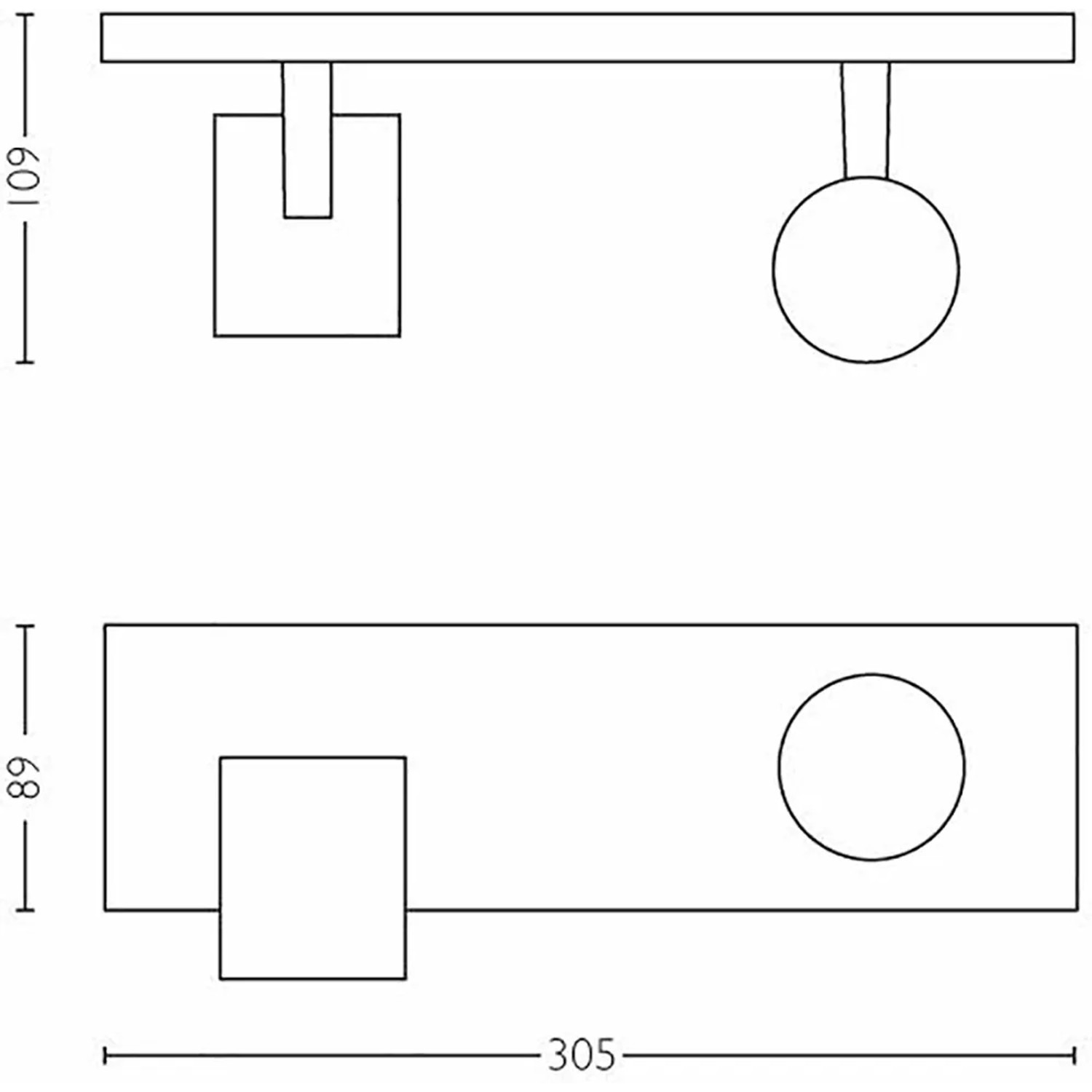 Skizze: Philips Hue Runner, 2-flammig, weiße LED Deckenleuchte mit Maßen.