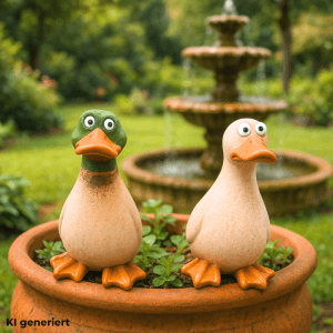 2er Set Deko Entenfiguren aus Steingut, braun, als Gartendeko oder Teichfiguren.