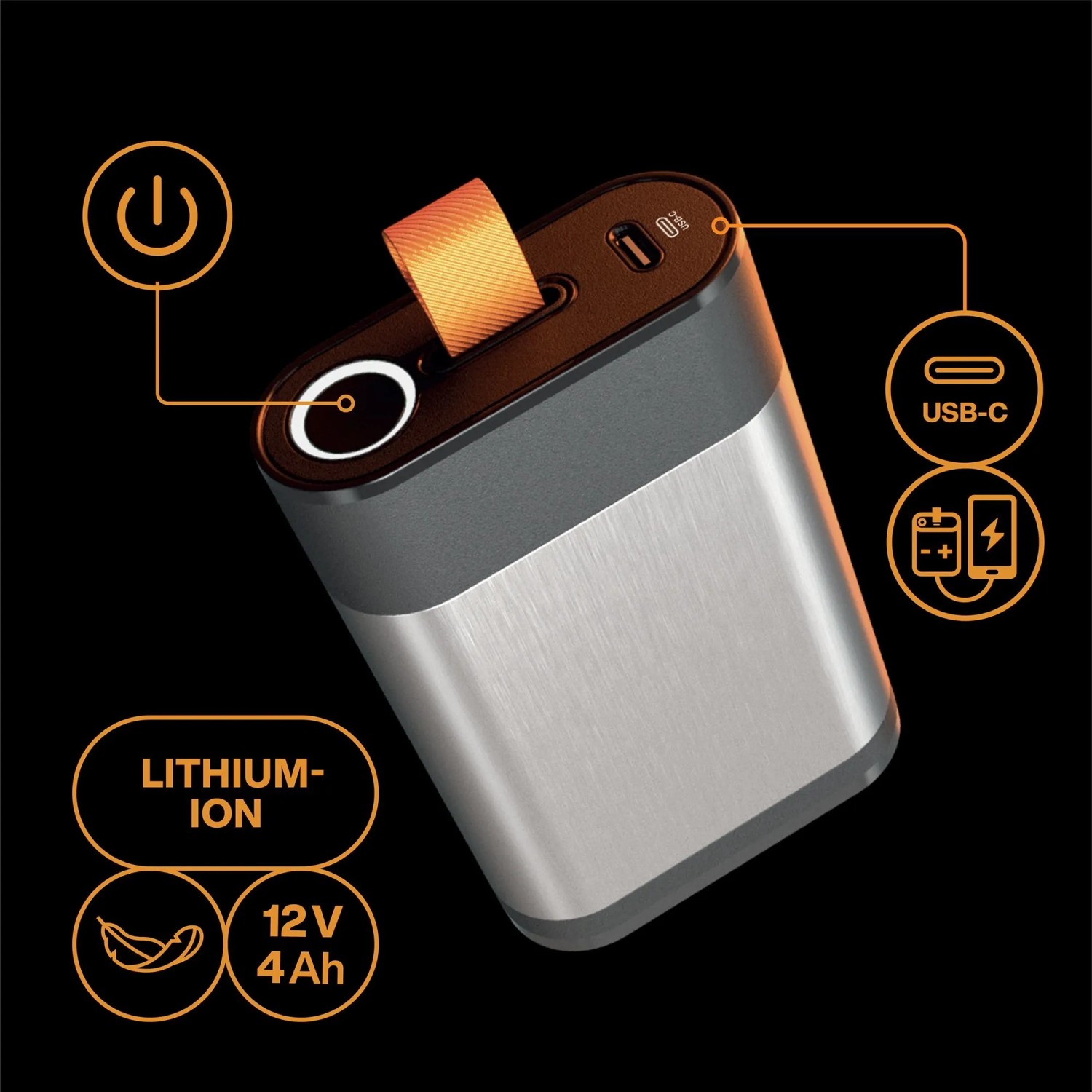 Fiskars Akku 12 V 4 Ah, silber-grau, mit USB-C Anschluss und Powerbank-Funktion. Kompakter Lithium-Ionen Akku.