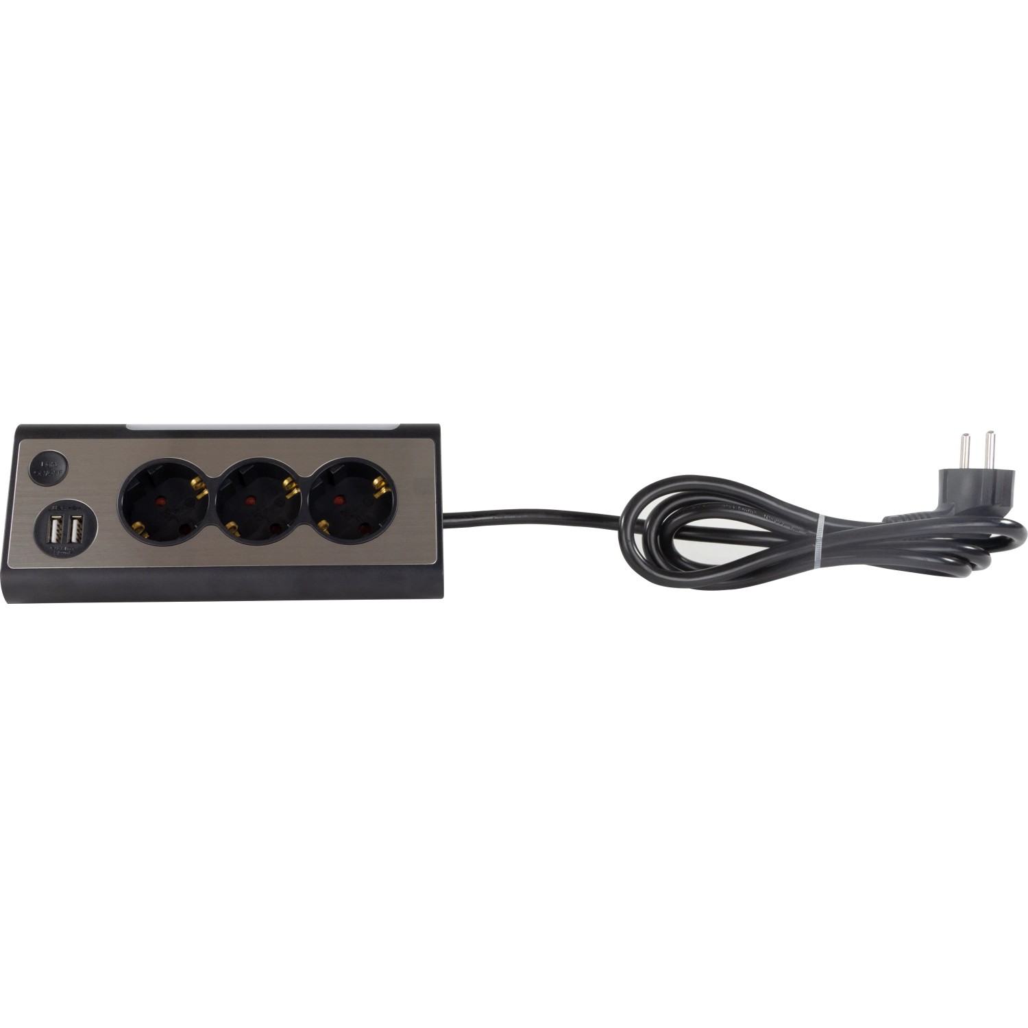 REV Ritter Lightsocket Steckdosenleiste mit 3 Schuko-Steckdosen, 2 USB-Anschlüssen und LED-Licht in Schwarz.