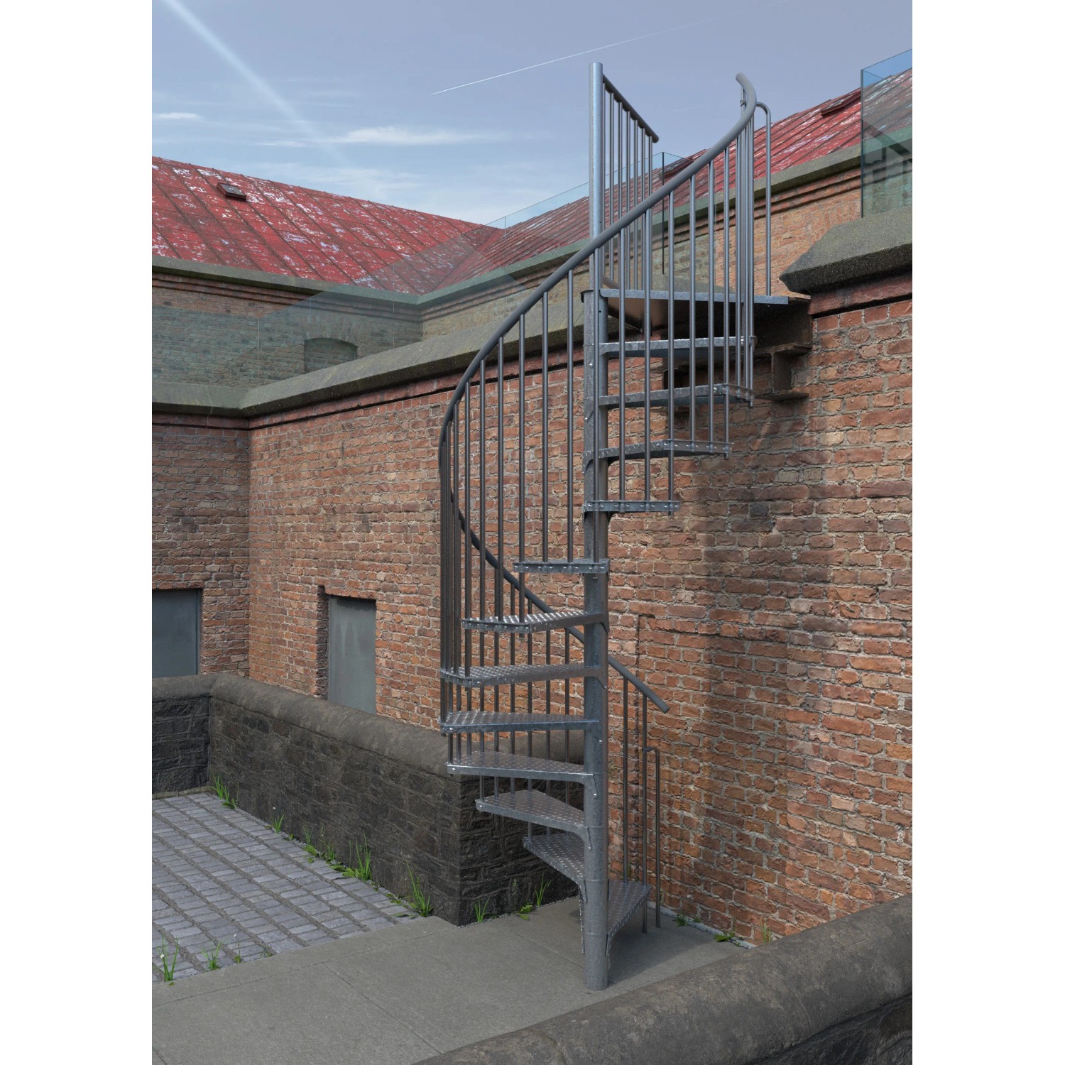 Außentreppe: Verzinkte Spindeltreppe Minka Rondo Zink Smart, 120 cm Durchmesser.