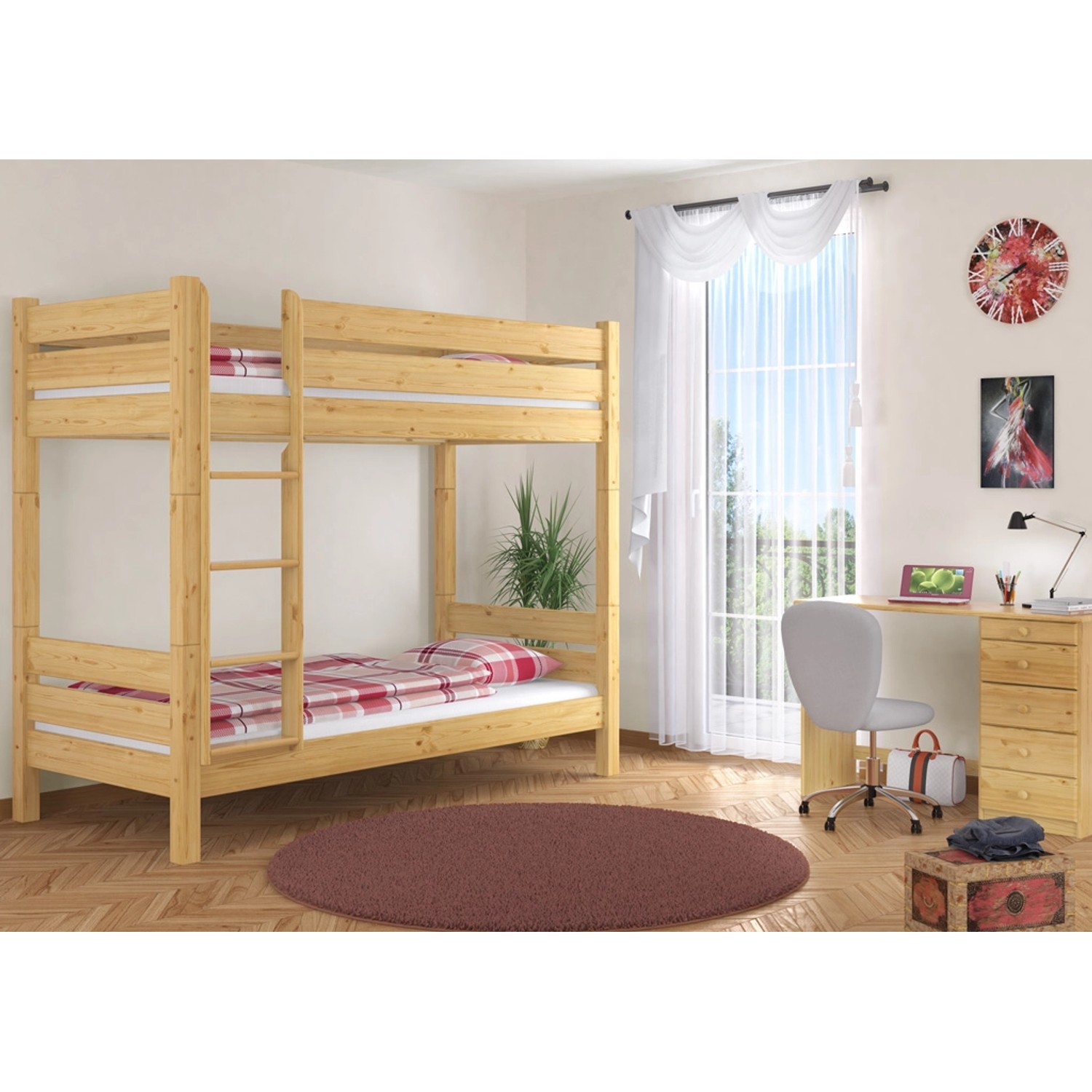 Stabiles Etagenbett aus Kiefer Massivholz mit Nische, 90x200 cm, inkl. Rollrost und Bettkasten.