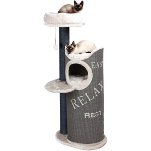 Trixie Kratzbaum Juana, 134 cm, grau/hellgrau mit zwei Siamkatzen.